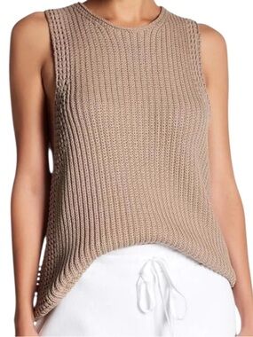 Vince. Khaki Sleeveless Chunky Knit Luxury Tank 100% Cotton Size M
